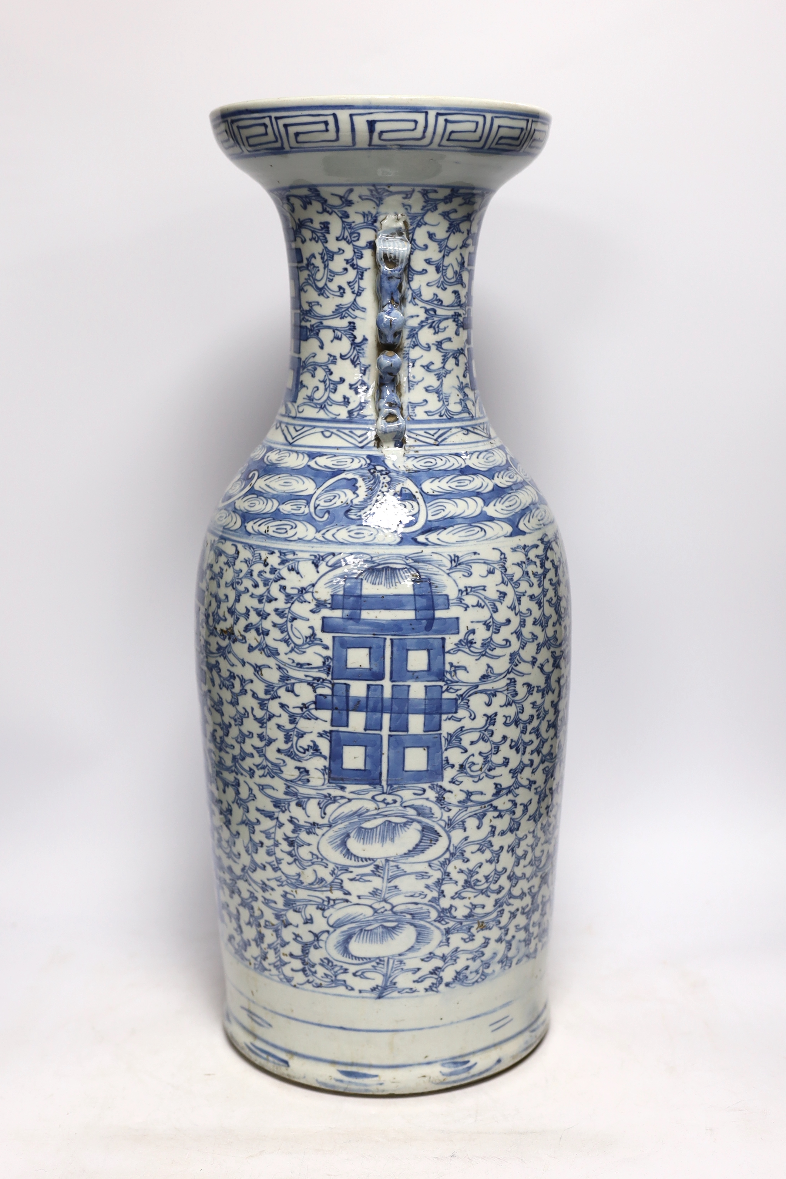 A Chinese blue and white ‘shuangxi’ baluster vase, early 20th century, 57cm high